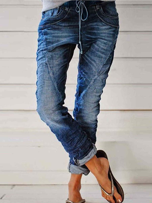 Amsoin Casual Pockets Self-tie Jeans