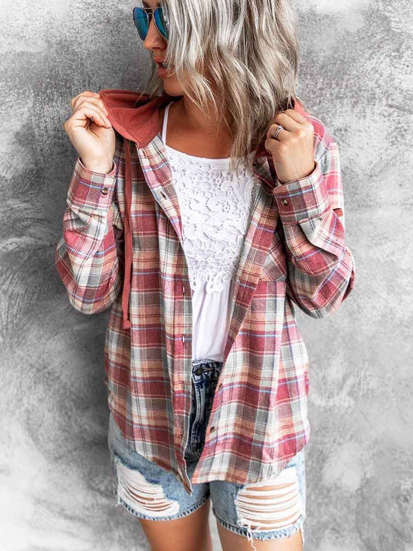 Amsoin Loose Hooded Plaid Tops