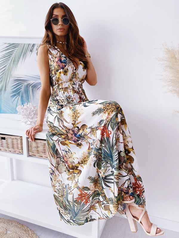 Amsoin V-Neck Print Maxi Dress