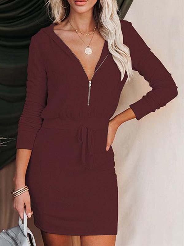 Amsoin Solid Color Zipper Hooded Dress