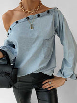 Amsoin Off-Shoulder Button Denim Shirt