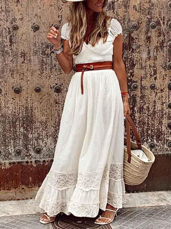 Amsoin V Neck Lace Maxi Dress