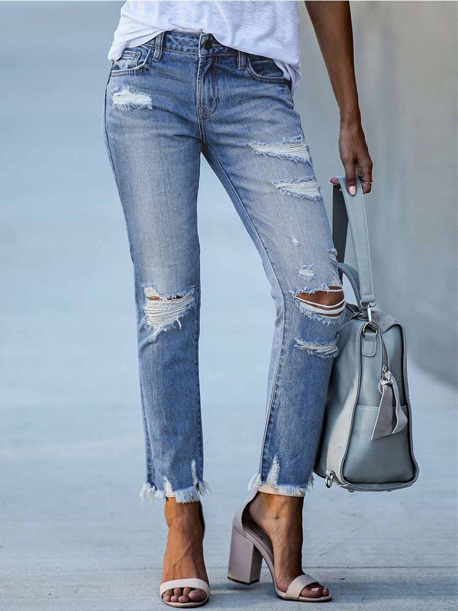 Amsoin Washed Frayed Jeans