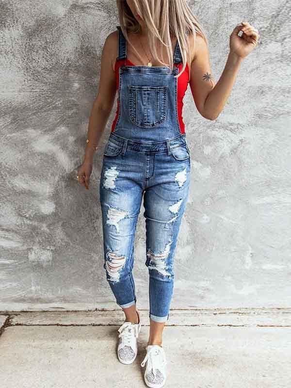 Amsoin Ripped Stretch Denim Jumpsuit