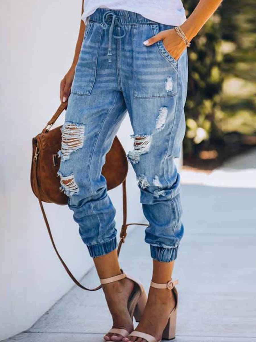 Amsoin Adjustable Waist Ripped Jeans