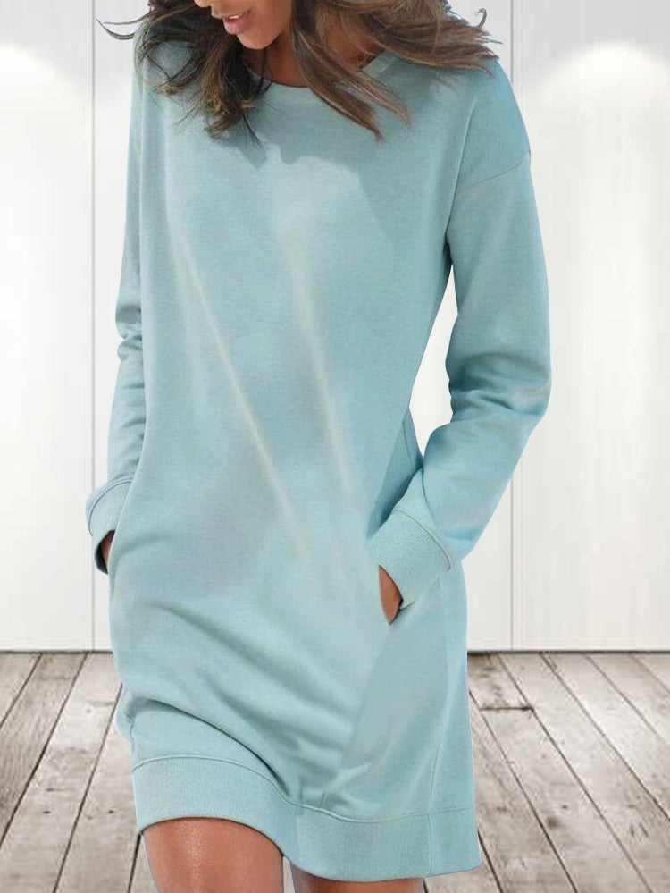 Amsoin Solid Crew Neck Long Sleeve Pocket Dress