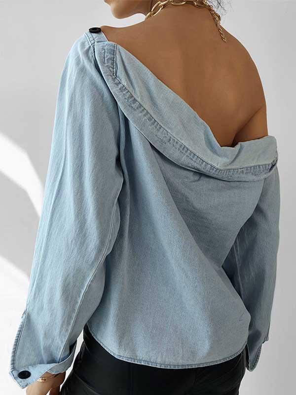 Amsoin Off-Shoulder Button Denim Shirt