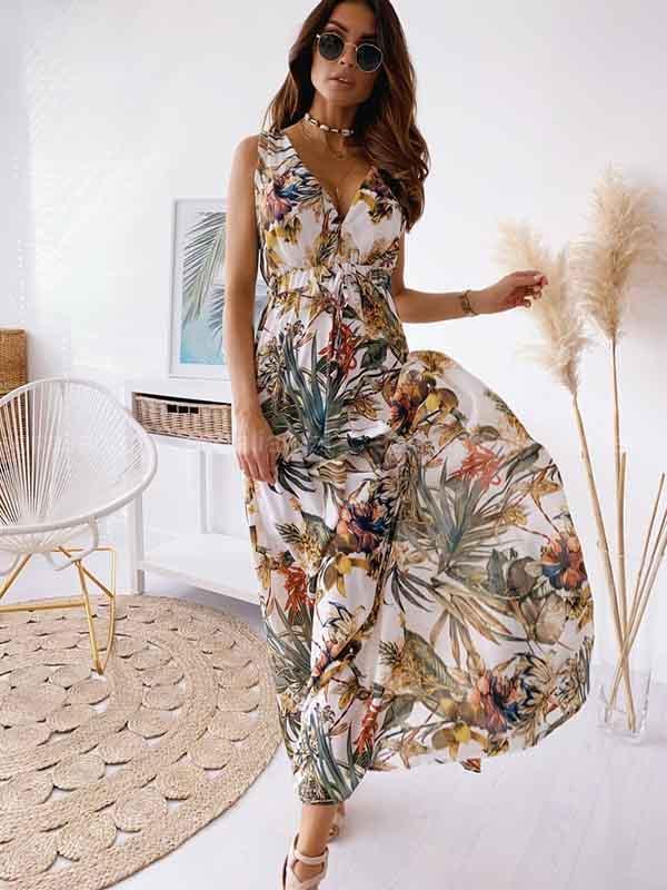 Amsoin V-Neck Print Maxi Dress