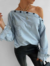 Amsoin Off-Shoulder Button Denim Shirt