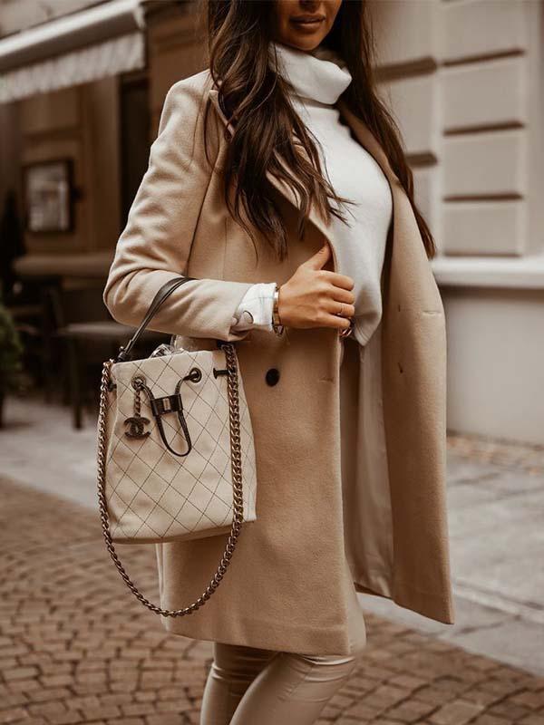 Amsoin Breasted Lapel Collar Coat