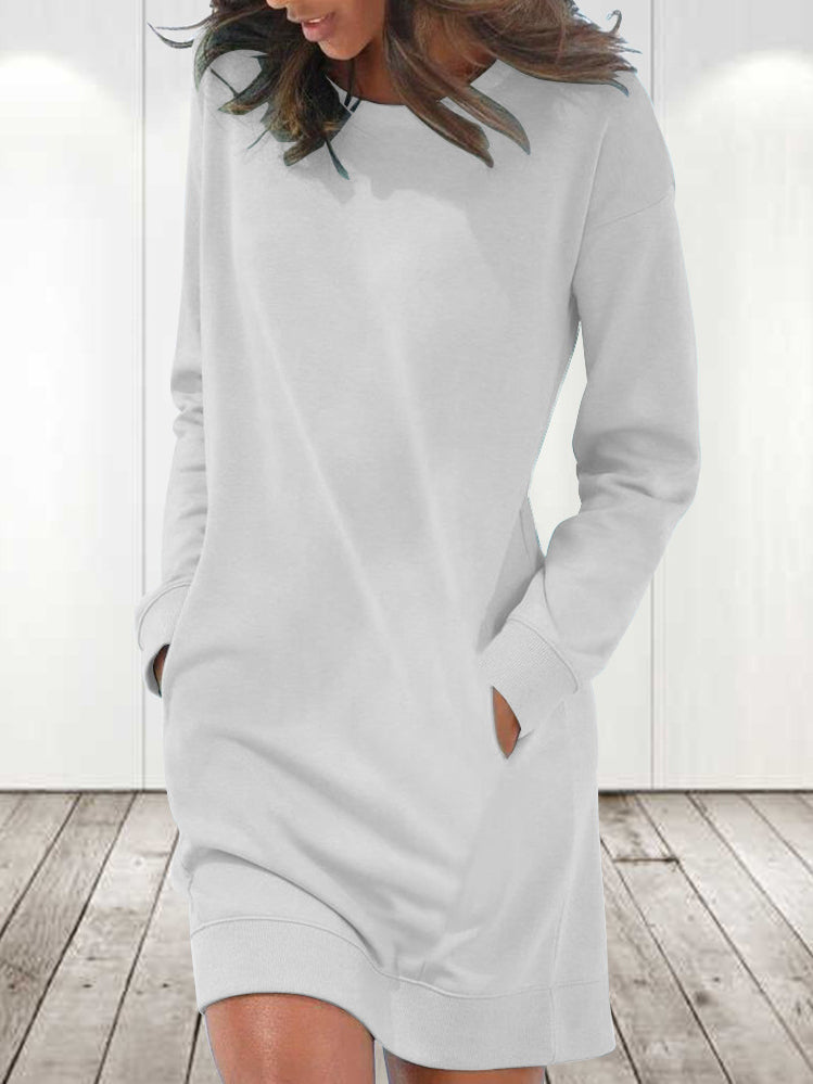 Amsoin Solid Crew Neck Long Sleeve Pocket Dress