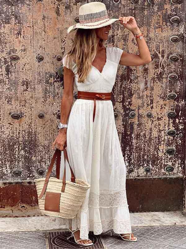 Amsoin V Neck Lace Maxi Dress