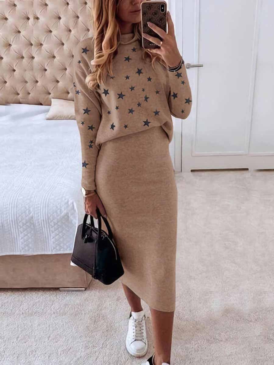Amsoin Star Print Knit Skirt Sets