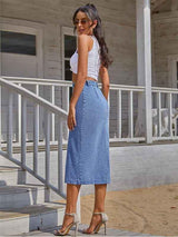 Amsoin Button Irregular Slit Denim Skirt