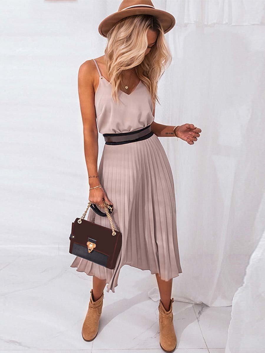 Amsoin Sexy V-Neck Pleated Dress