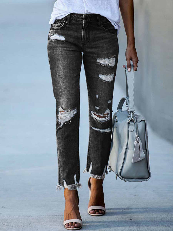 Amsoin Washed Frayed Jeans