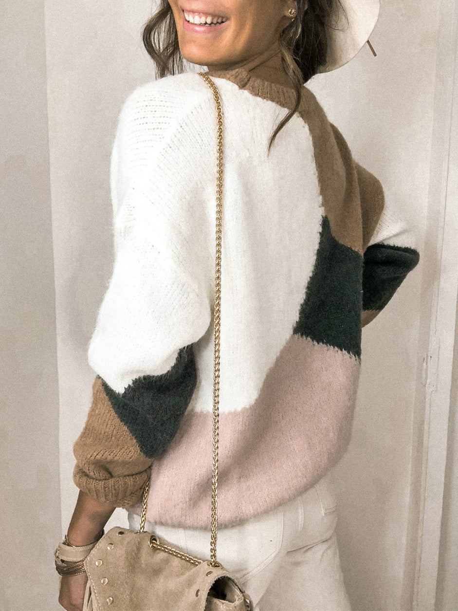 Amsoin Round Neck Contrast Stitching Knitted Sweater