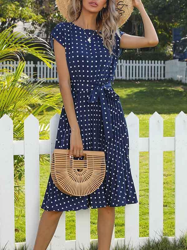 Amsoin Polka Dot Pleated Belt Dress