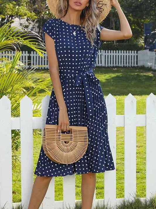 Amsoin Polka Dot Pleated Belt Dress