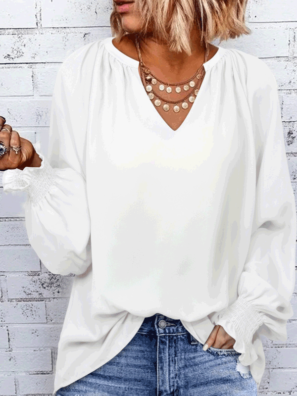 Amsoin Solid Simple V-Neck Long Sleeve Blouse