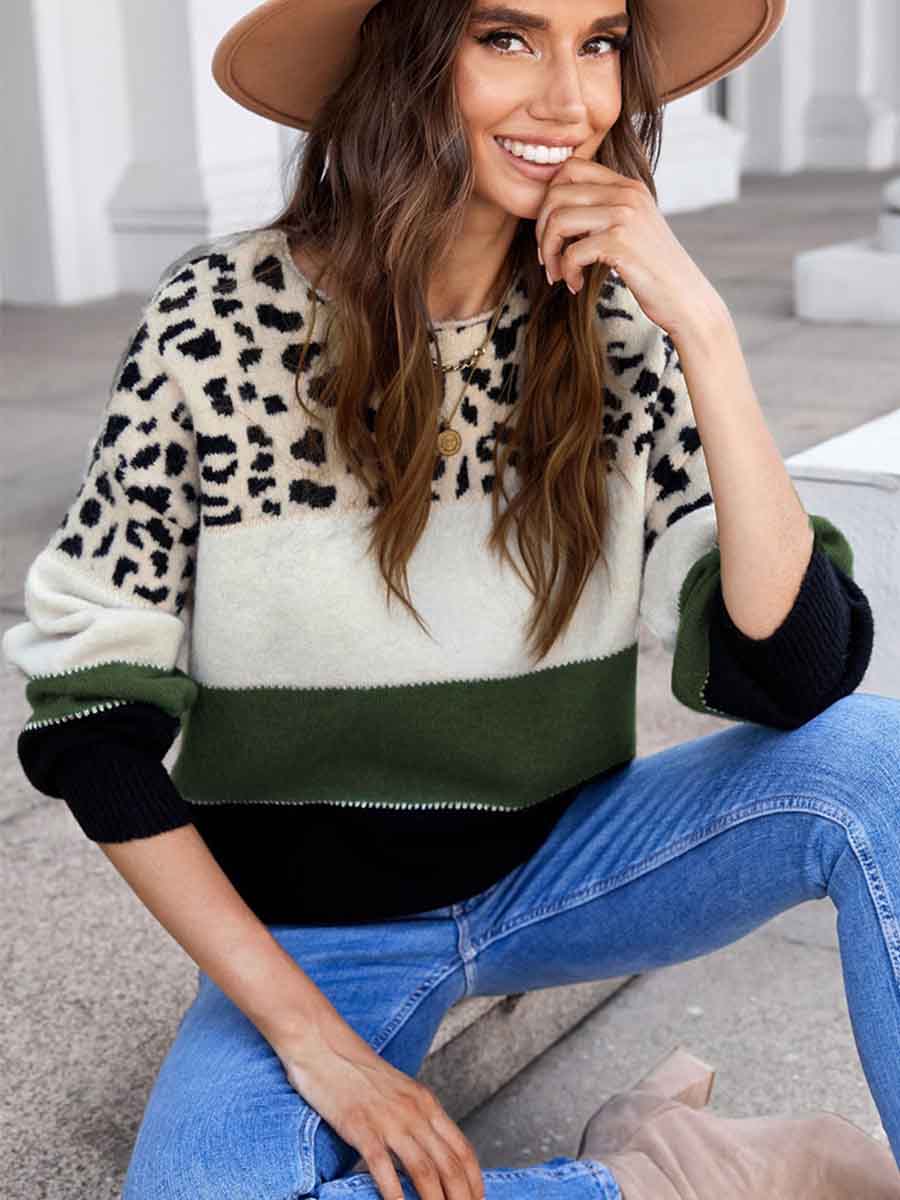 Amsoin Leopard Printed Striped Sweater