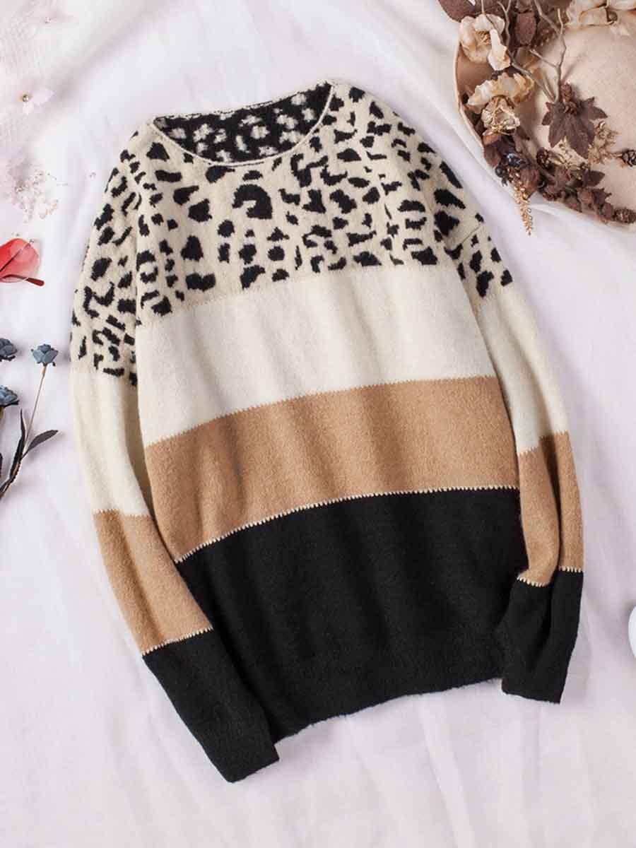 Amsoin Leopard Printed Striped Sweater