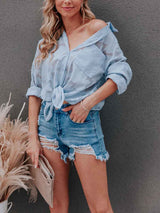 Amsoin Chiffon Jacquard Buttoned Shirt