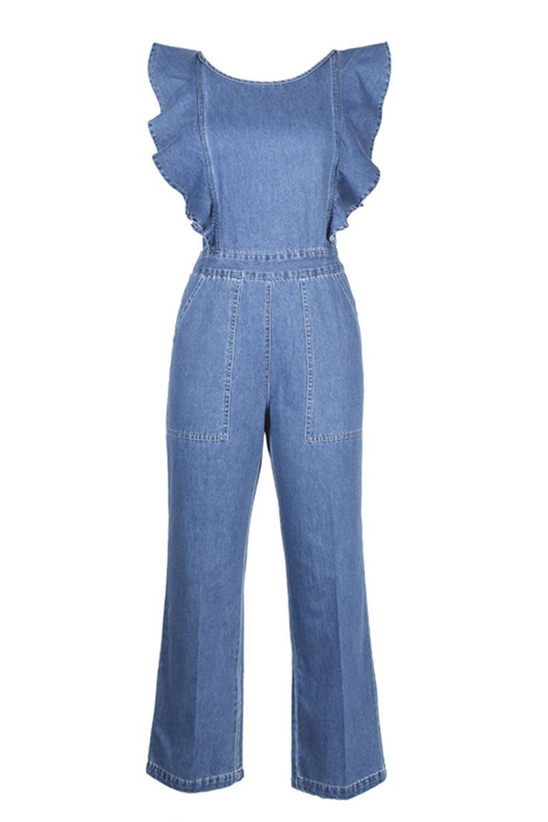 Amsoin O Neck Flouncing Denim Jumpsuit