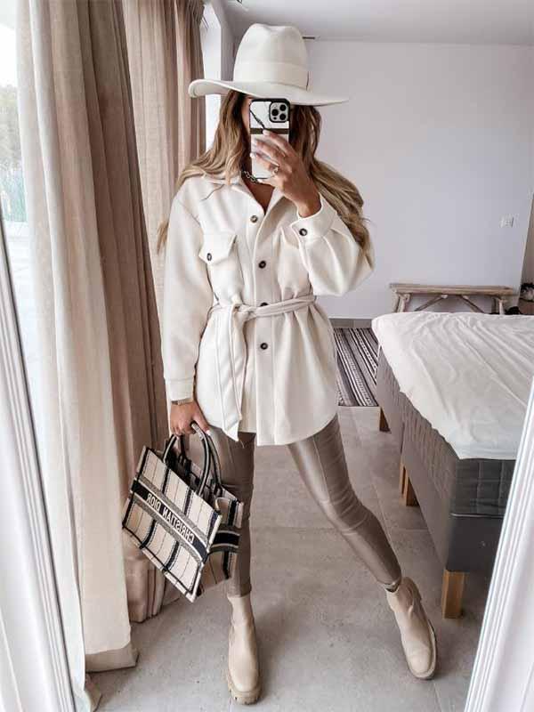 Amsoin Lapel Button Coat With Belt