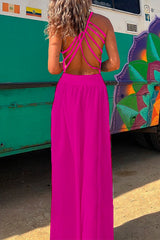 Amsoin Solid Criss Cross Backless Maxi Cami Dress
