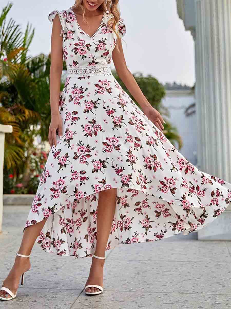 Amsoin Printed Sleeveless Lace Waist Dress
