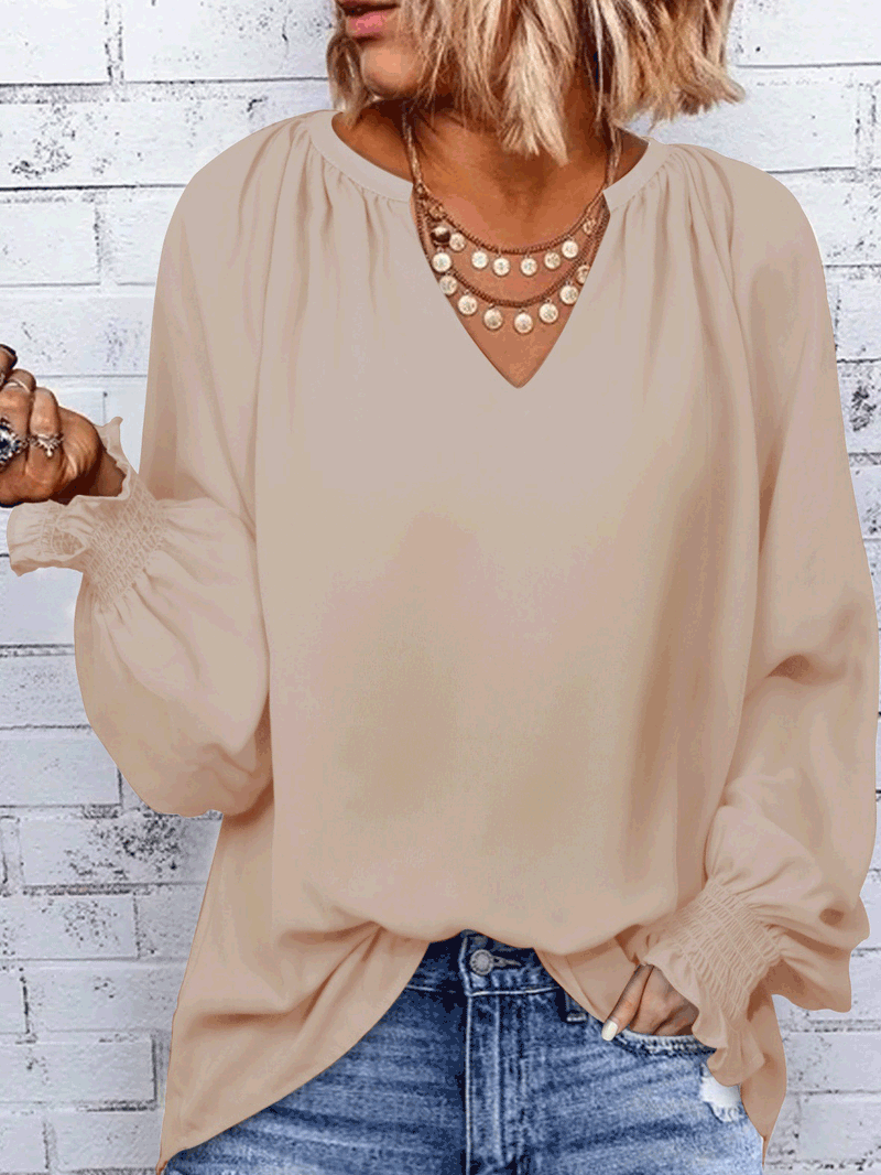 Amsoin Solid Simple V-Neck Long Sleeve Blouse