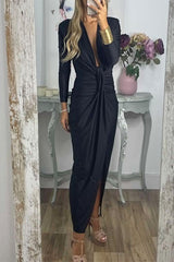 Amsoin Deep V Neck Ruched Slit Maxi Bodycon Dress