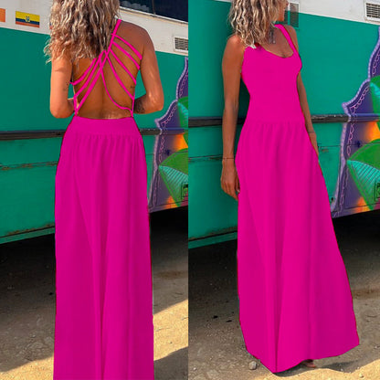 Amsoin Solid Criss Cross Backless Maxi Cami Dress