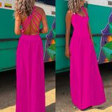 Amsoin Solid Criss Cross Backless Maxi Cami Dress