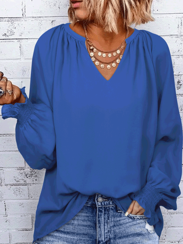 Amsoin Solid Simple V-Neck Long Sleeve Blouse