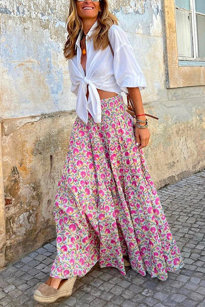 Amsoin Frilled Elastic Waist Bohemia Floral Maxi Flowy Skirt
