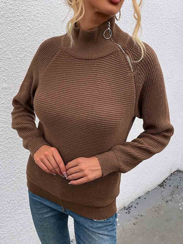 Amsoin Solid Color Turtleneck Zipper Sweater
