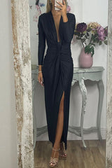 Amsoin Deep V Neck Ruched Slit Maxi Bodycon Dress