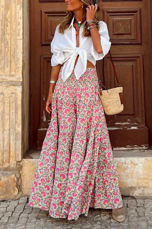 Amsoin Frilled Elastic Waist Bohemia Floral Maxi Flowy Skirt