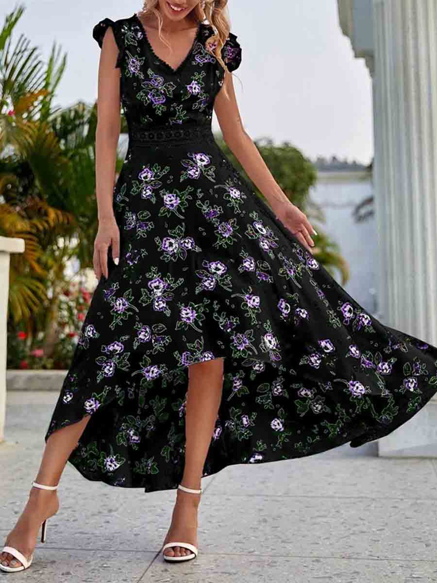 Amsoin Printed Sleeveless Lace Waist Dress