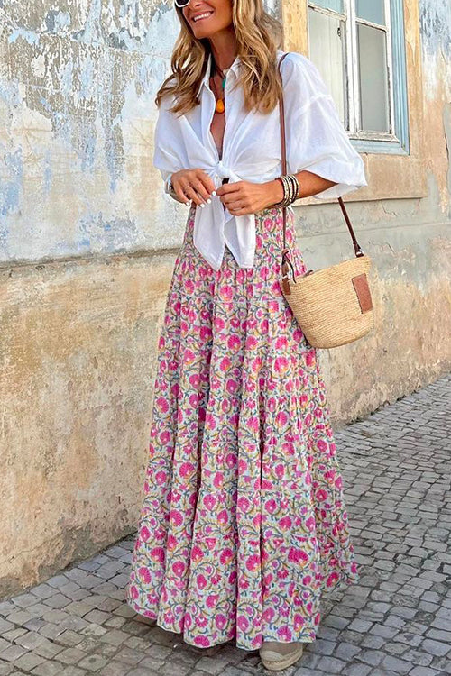 Amsoin Frilled Elastic Waist Bohemia Floral Maxi Flowy Skirt