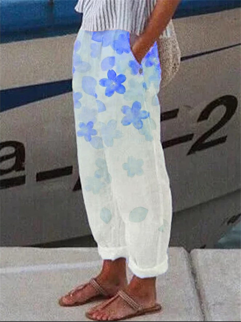 Loose Cotton Pocket Print Women's Pants