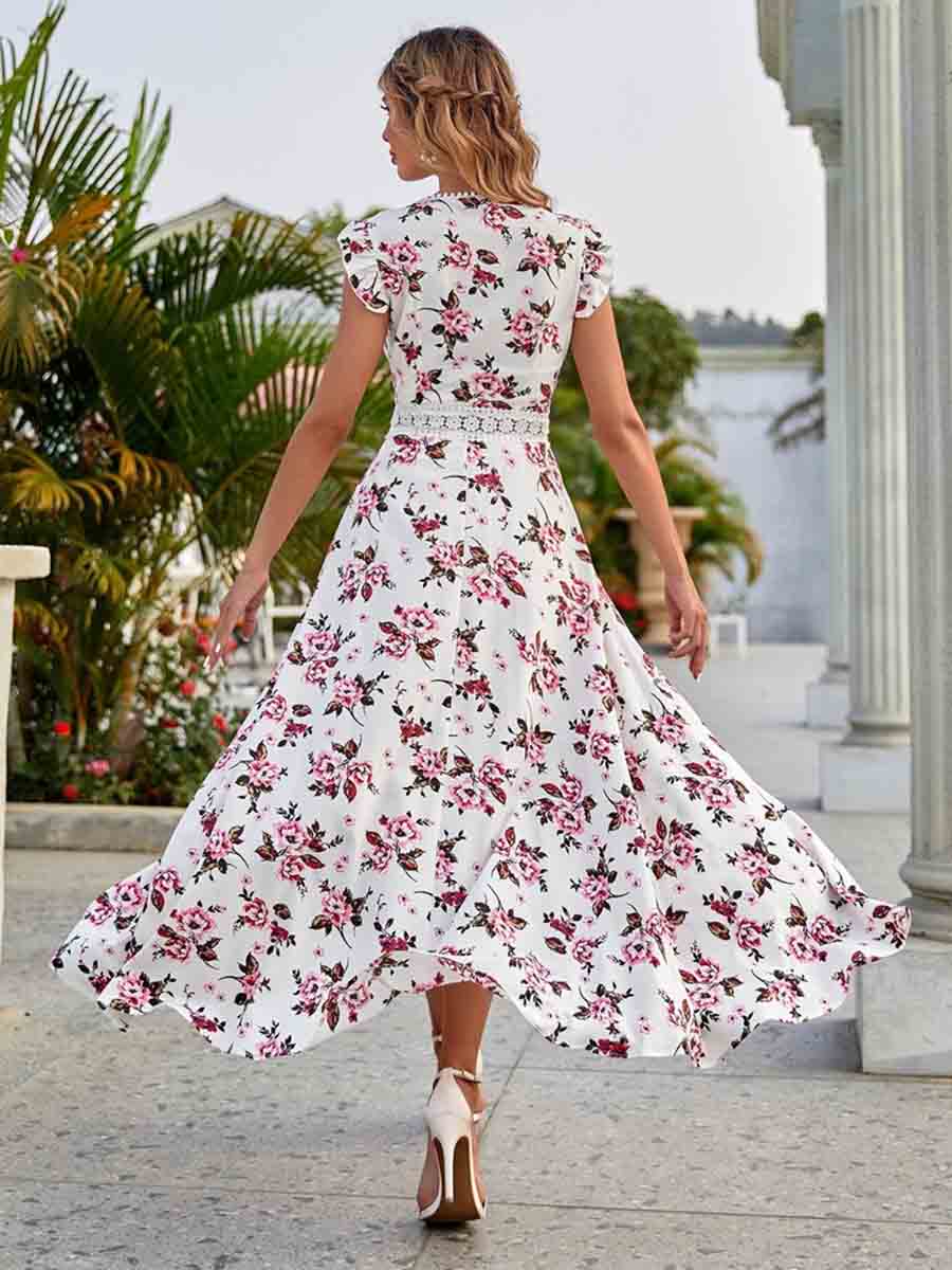 Amsoin Printed Sleeveless Lace Waist Dress