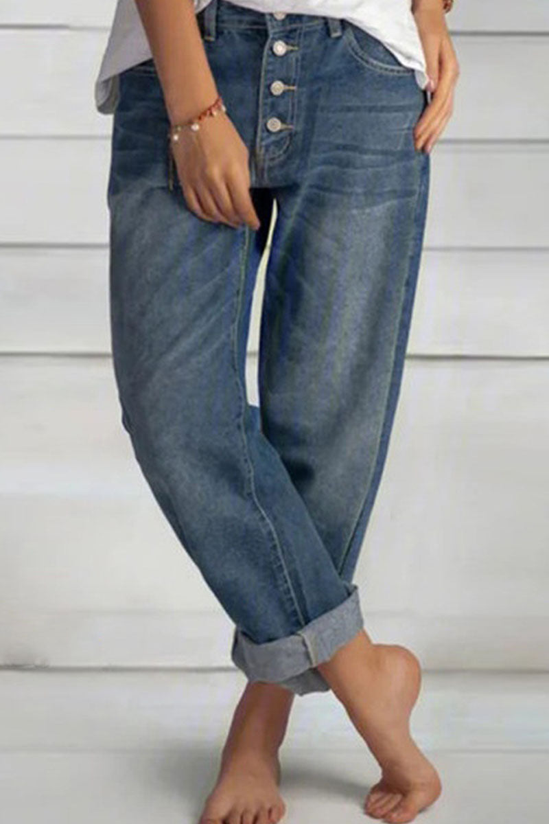 Amsoin Solid Mid Waist Straight Denim