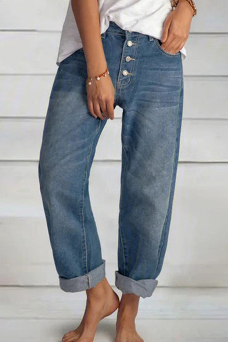 Amsoin Solid Mid Waist Straight Denim