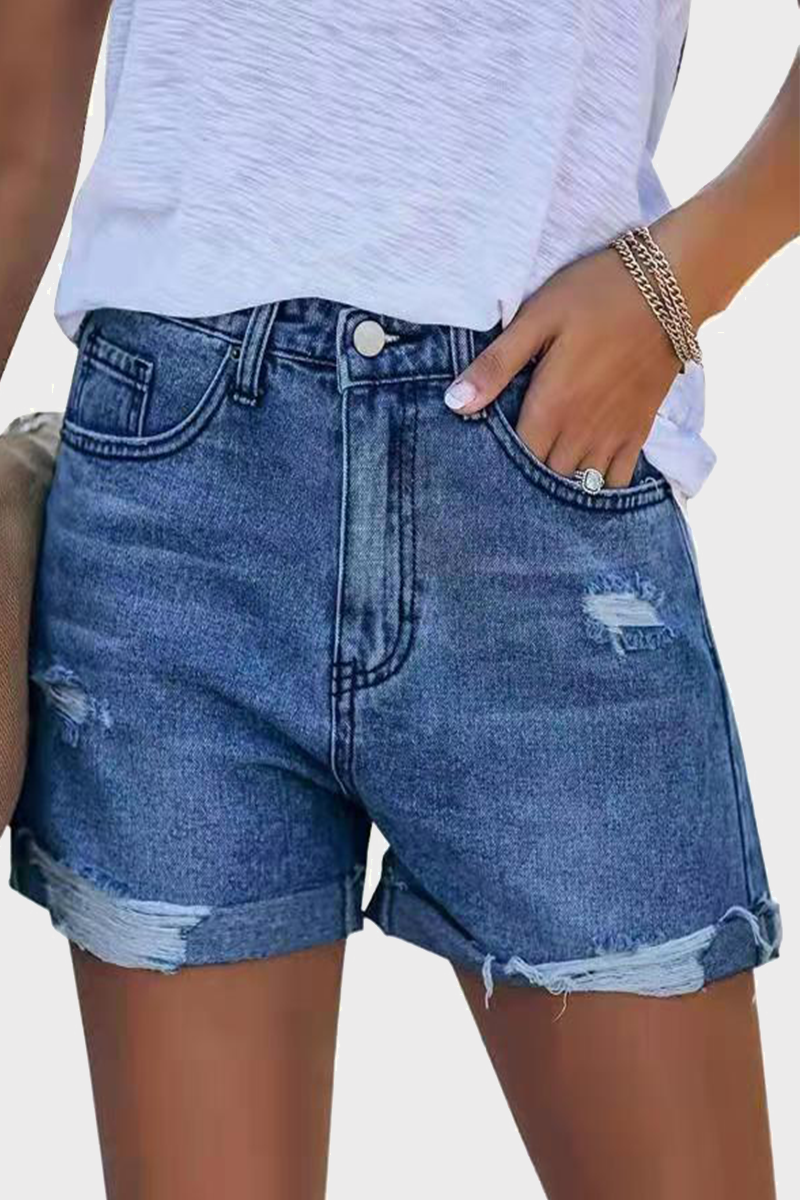 Street Solid Ripped Make Old Mid Waist Straight Denim Shorts(3 colors)
