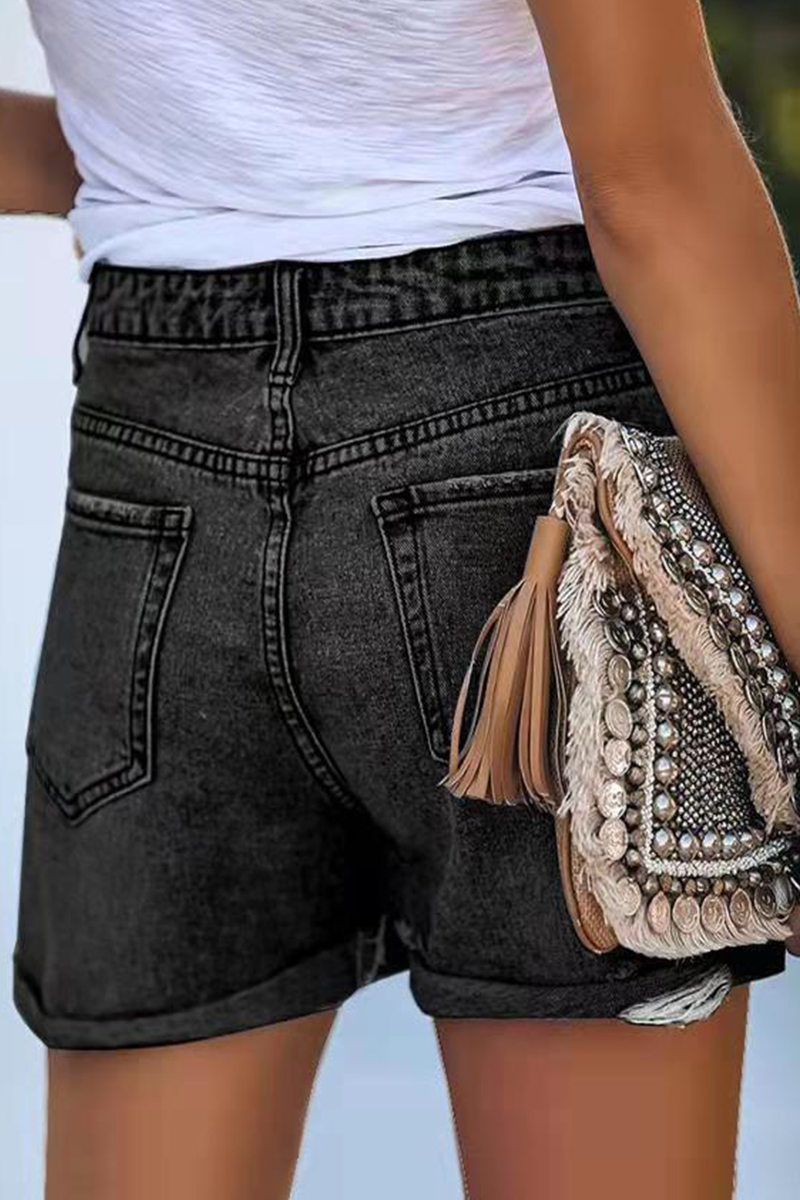 Street Solid Ripped Make Old Mid Waist Straight Denim Shorts(3 colors)