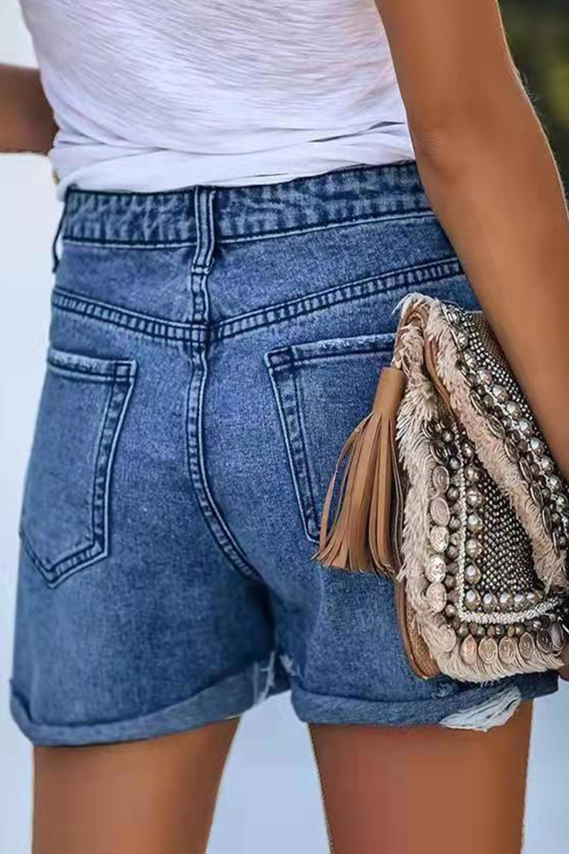 Street Solid Ripped Make Old Mid Waist Straight Denim Shorts(3 colors)