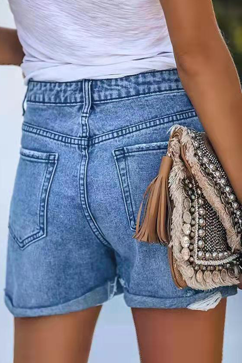 Street Solid Ripped Make Old Mid Waist Straight Denim Shorts(3 colors)